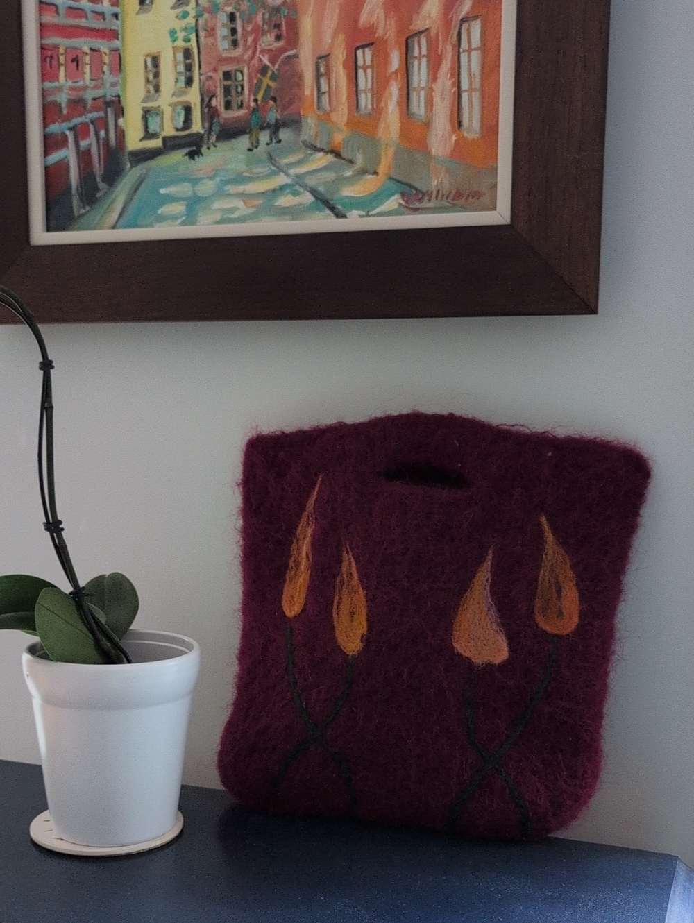Sweet Hand-Felted Wool Tote with Floral Appliqué in Deep Burgundy